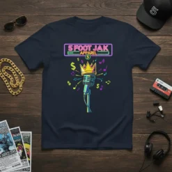 5 Foot Jak Apparel t-shirt featuring a neon sign, a crowned microphone, musical notes, and dollar signs