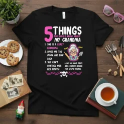 Graphic t-shirt design featuring "5 Things You Should Know About My Grandma" in bold pink and white text, with numbered