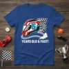 5 Years Old & Fast! birthday t-shirt with a racing helmet graphic and number 5
