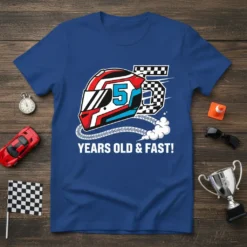 5 Years Old & Fast! birthday t-shirt with a racing helmet graphic and number 5
