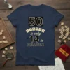 Navy t-shirt with "50 FIFTY is only in 14 in SCRABBLE" design in cream and black text