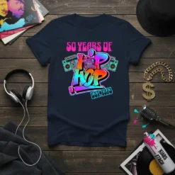 50 Years of Hip Hop EST 1973 design with retro boomboxes and graffiti-style lettering on a navy t-shirt