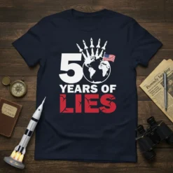 50 Years Of Lies T-Shirt with earth graphic and rockets, featuring bold red text