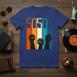 50501 text with three raised fists graphic on a navy blue t-shirt, representing equality and social justice