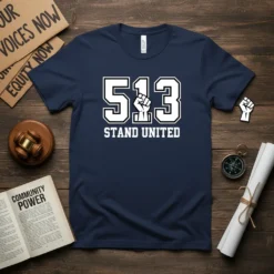Navy t-shirt with white text "513 STAND UNITED" and a raised fist symbol, representing unity and social justice