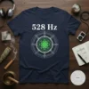 Navy blue t-shirt with "528 Hz" text and a green geometric sacred geometry design