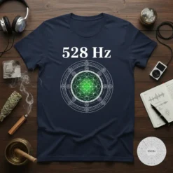 Navy blue t-shirt with "528 Hz" text and a green geometric sacred geometry design