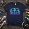 Dark blue t-shirt with large black numbers '55' outlined in neon orange and teal, set against a stylized cityscape with