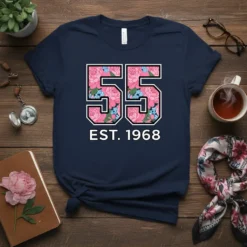 Navy t-shirt with "55 EST. 1968" in large numbers filled with pink and blue flowers, celebrating a 55th birthday