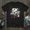 5K on New Year's Day runner graphic tee with text and calendar icon, vibrant colors, and festive fireworks
