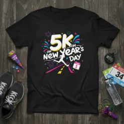 5K on New Year's Day runner graphic tee with text and calendar icon, vibrant colors, and festive fireworks