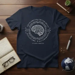5T3PH3N H4WK1NG t-shirt design with a white outline of a human brain and surrounding cryptic alphanumeric codes on a navy