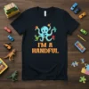 Blue octopus with number 5 and text "I'm A Handful" on a black t-shirt, designed for a 5th birthday boy