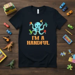 Blue octopus with number 5 and text "I'm A Handful" on a black t-shirt, designed for a 5th birthday boy