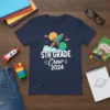 5th Grade Crew 2024 t-shirt design with a rocket launching past the Earth and planets