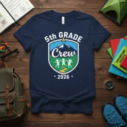5th Grade Crew 2026 t-shirt design with kids running, mountains, and graduation year