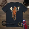 Funny 6 7 Horse T-Shirt design featuring a cartoon horse with numbers 6 and 7 above it