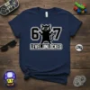6 & 7 Level Unlocked birthday t-shirt with a black cat wearing sunglasses and holding up fingers, designed for kids