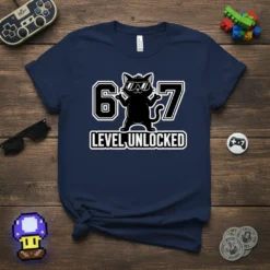 6 & 7 Level Unlocked birthday t-shirt with a black cat wearing sunglasses and holding up fingers, designed for kids