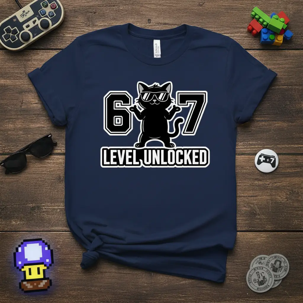 6 & 7 Level Unlocked birthday t-shirt with cool cat gamer graphic and text