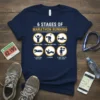 6 Stages of Marathon Running t-shirt design showing humorous stick figures representing runner's emotions from start to finish