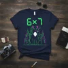 6 x 7 math joke t-shirt featuring a black cat smoking with neon city background