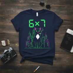 6 x 7 math joke t-shirt featuring a black cat smoking with neon city background