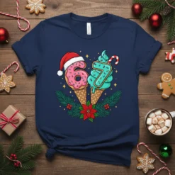Christmas birthday t-shirt design featuring the numbers 6 and 7 with a Santa hat, donut, and ice cream cone, surrounded