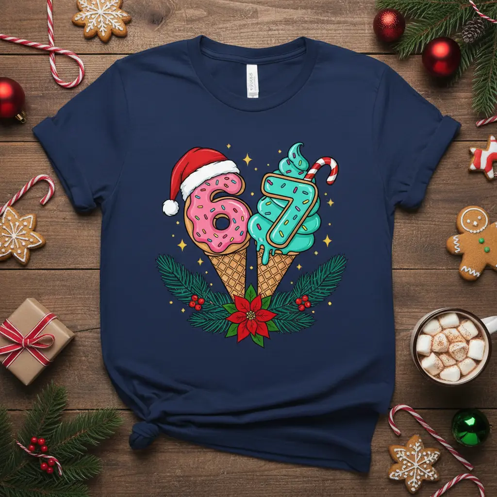 Festive 6 and 7 Christmas birthday t-shirt with donut and ice cream cone design