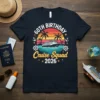 60th Birthday Cruise Squad 2026 t-shirt featuring a cruise ship, palm trees, and sunset graphic with celebratory text