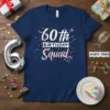 Navy blue t-shirt with "60th BIRTHDAY Squad" in colorful confetti and ribbon graphics