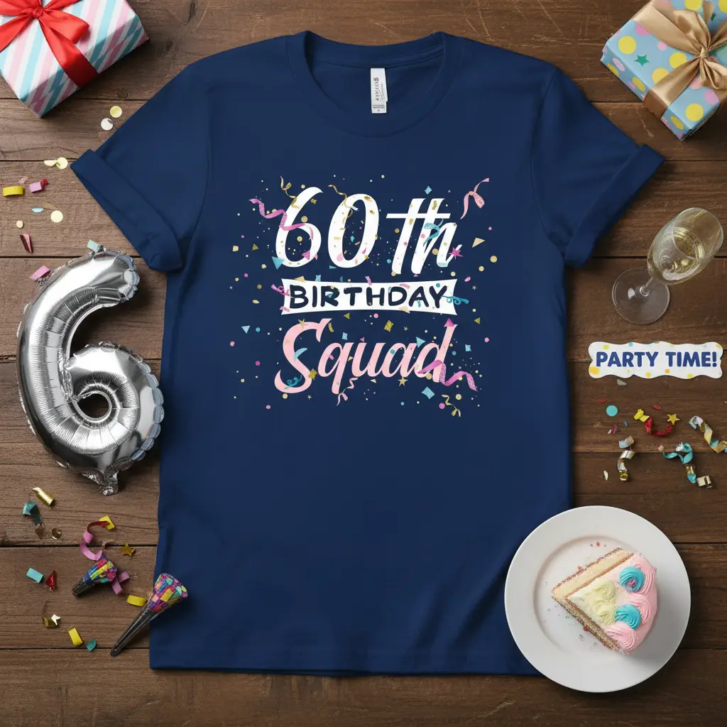 Navy blue 60th Birthday Squad t-shirt with festive confetti and ribbon design elements