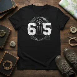 Black t-shirt with distressed white "615" text and a raised fist graphic inside a geometric frame