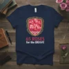 Navy blue t-shirt with "65 Roses for the Brave" text, rose graphic, DNA strand, and shield emblem for cystic fibrosis