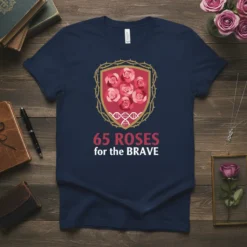 Navy blue t-shirt with "65 Roses for the Brave" text, rose graphic, DNA strand, and shield emblem for cystic fibrosis