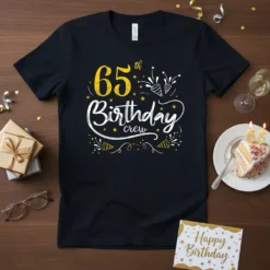 Black t-shirt with "65th Birthday Crew" text in white and yellow, featuring festive graphics like confetti and party poppers