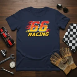Navy blue t-shirt with bold "66 RACING" text in red and yellow flames design