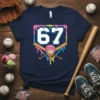 Navy t-shirt featuring the number 67 framed by dripping ice cream, with crossed baseball bats and a melting ice cream
