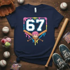 Navy t-shirt featuring the number 67 framed by dripping ice cream, with crossed baseball bats and a melting ice cream