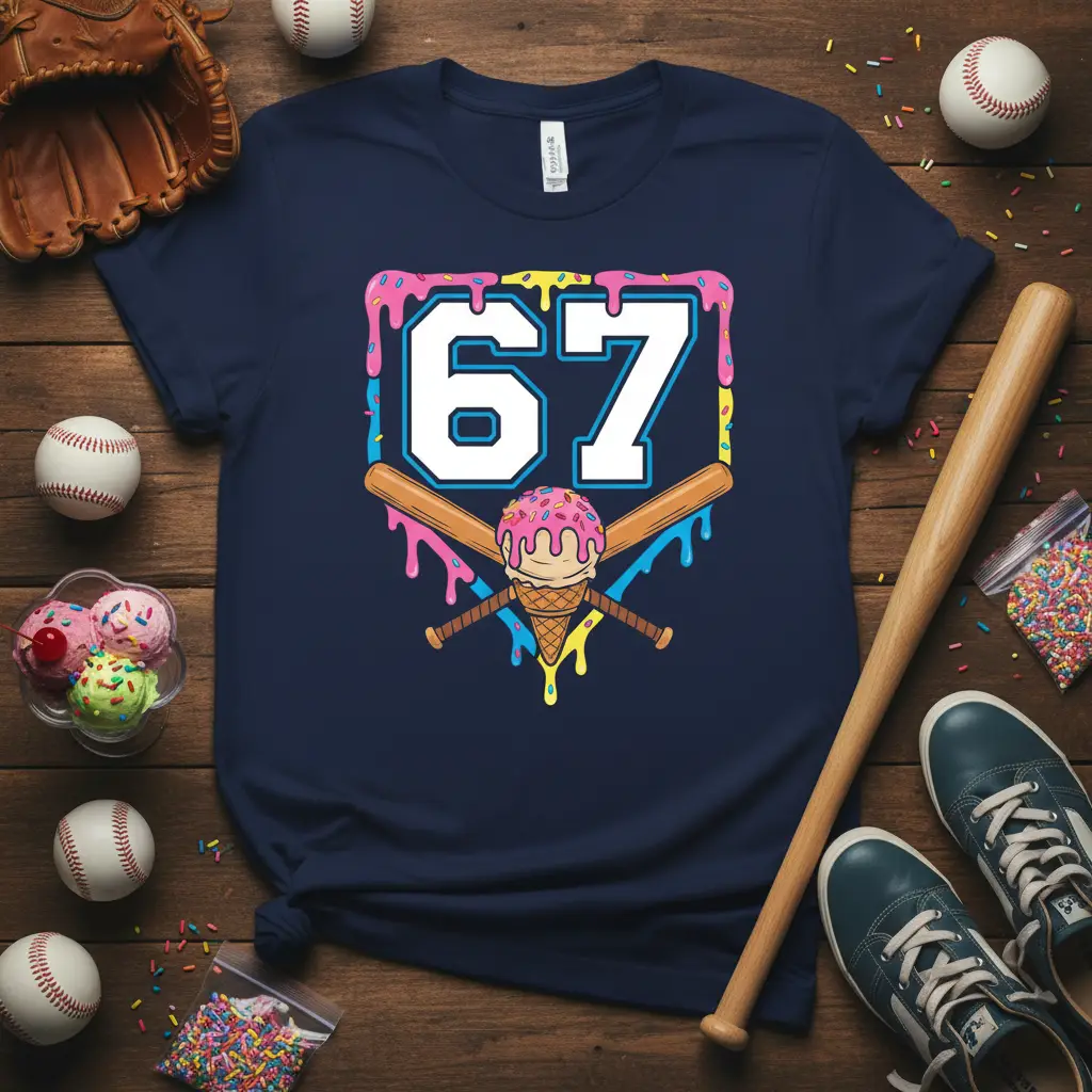 Navy t-shirt displaying the number 67 with a dripping ice cream border, crossed baseball bats, and an ice cream cone graphic