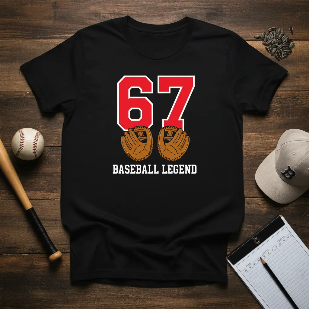 67 BASEBALL LEGEND bold typography printed on quality cotton blend creating a standout t-shirt