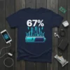 Dark navy t-shirt with "67%" text above a teal and blue cityscape and battery graphic, featuring lightning bolts