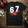Black t-shirt featuring the number 67 prominently displayed above red boxing gloves with a cracked effect, signifying the 67th birthday