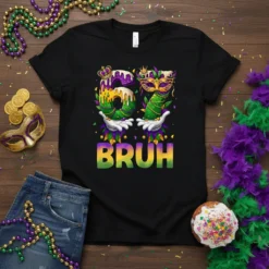 Mardi Gras "67 BRUH" t-shirt design with numbers 6 and 7 decorated with masks and beads, featuring the word "BRUH"