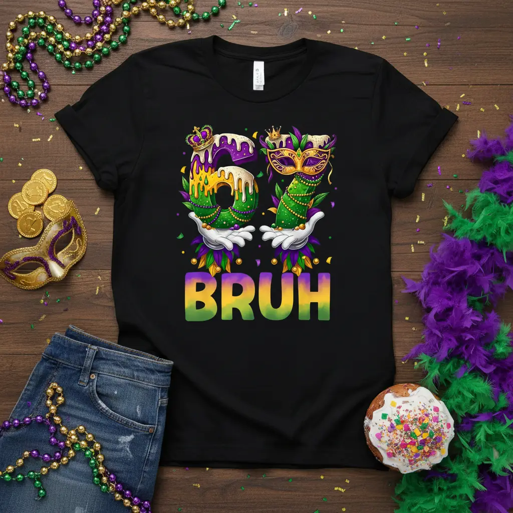 67 BRUH Mardi Gras t-shirt design featuring festive numbers and a humorous phrase, perfect for carnival celebrations