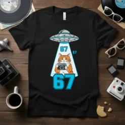 67 Cat UFO Photographer eye-catching graphic design printed on comfortable cotton t-shirt