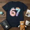 Number 67 design on a navy t-shirt with four cute kittens: two grey and white, two orange and white