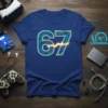 T-shirt with the number 67 designed as a glowing circuit board with electric lightning, navy blue fabric