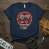 Navy t-shirt with "67 Crew Est 1967" text surrounded by flames and chains, vintage biker design