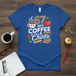 67 Days Coffee & Chaos T-Shirt design featuring a cute coffee cup, apple, pencils, and books, perfect for teachers